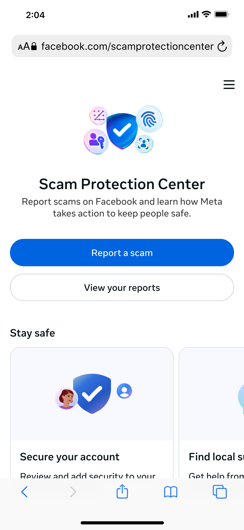 Meta Scam Protection Center Home Screen